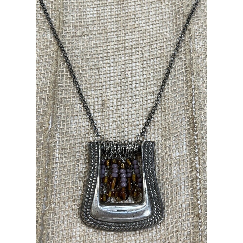 Vintage Artisan Crafted Silver Tone Belt Buckle Link Chain Pendant Necklace